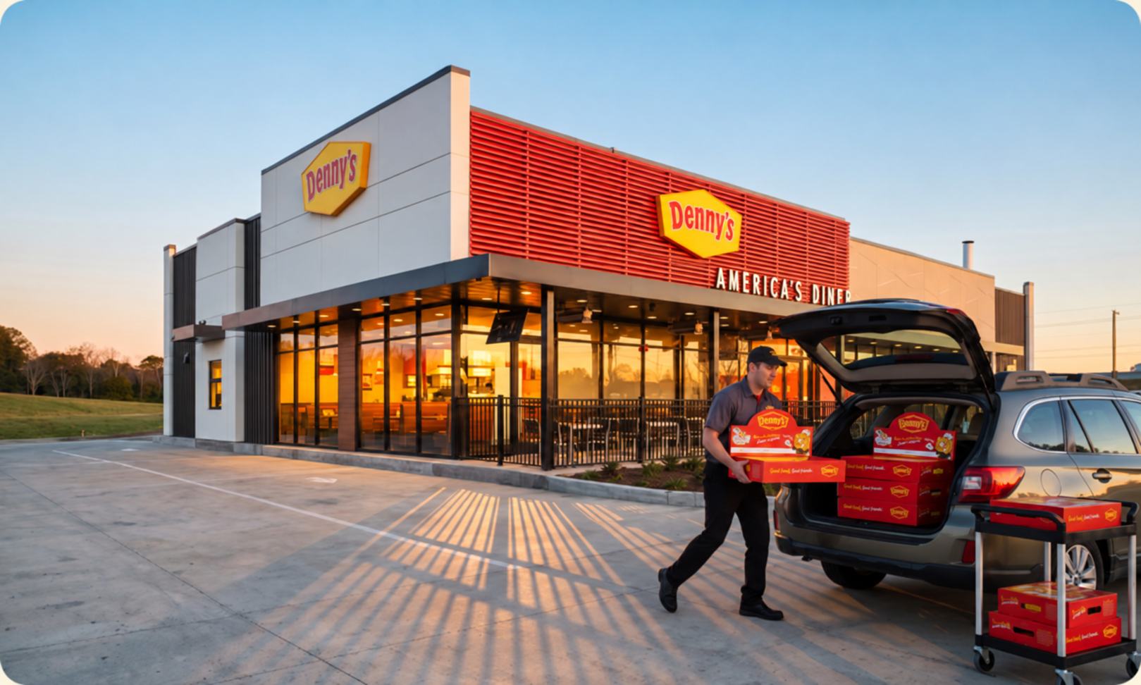 A Denny's catering order being delivered outside a restaurant