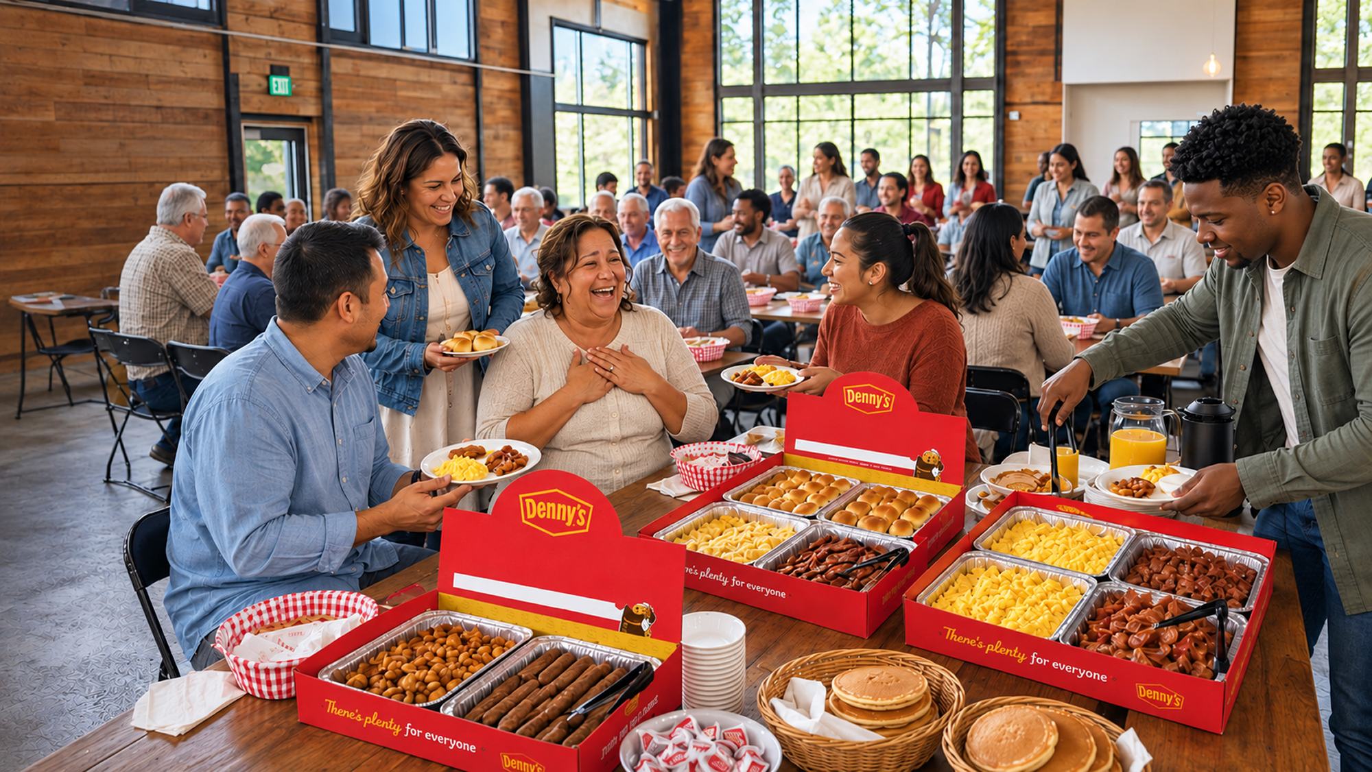 Neighbors sharing a Denny's catered meal at a hometown gathering